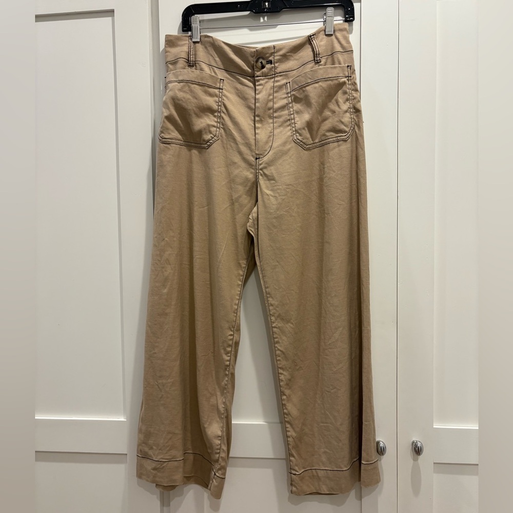 Khaki The Colette Contrast-Stitch Linen Crop Wide-Leg Pants by Maeve 30 - Picture 3 of 7